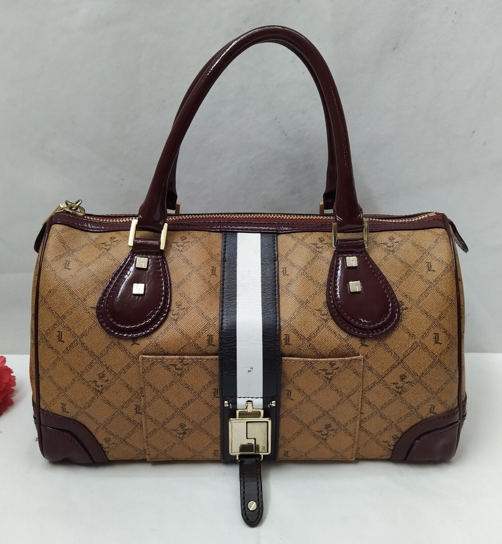 L.A.M.B. Brown Leather Stripes Double Handles Zipper Satchel Bag